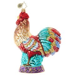 Our colorful feathered rooster is proud as a peacock! He's crowing to the world that Christmas is on its way.