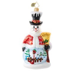 Replete with a ritzy top hat, a snow-trimmed jacket, a golden broom and a winning smile, this snowman also sports a beautifully detailed winter scene to delight the viewer!