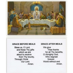 Grace Before and After Meals Prayer Holy Card Plastic Coated. Picture is on the front with the Prayer, text is on the back of the card.