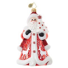 This king of crimson Christmas hastens with regal red flair in a robe embroidered with wintry white deer. A miniature flocked tree is his gift to thee!