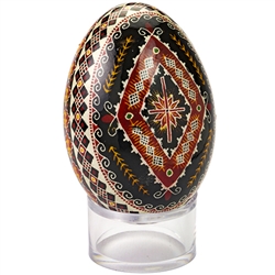 This beautifully designed and executed goose egg is hand painted by our artist from Canada using the traditional batik method. The egg has been emptied through two small holes at each end of the egg.