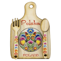 Great kitchen magnet made of wood featuring a traditional Lowicz paper cut design. Size approx 2" x 2.75".  Made In Poland.