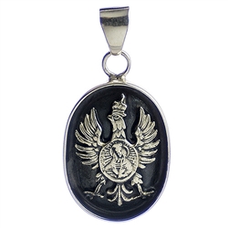 Hand made in the workshop of Warsaw's finest engraver and medal maker. With ring for chain mounting.  Centered in the eagle is Our Lady Of Ostrobramska - Matka Boska Ostrobramska  Metal