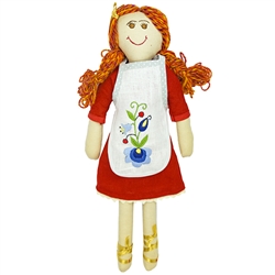 Gorgeous Kashubian cloth doll made in Gdansk. Our Lola is made with linen and yarn. Her apron is removable. The apron is embroidered with a traditional Kashubian floral design Her feet are decorated in golden ribbon.