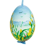 This beautiful hand painted goose egg comes ready to hang. The eggs have been emptied and strung through with ribbon for hanging. No two eggs are exactly alike and ribbon colors vary as well.