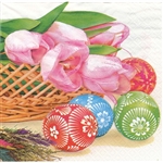 Celebrate the Easter season with these beautiful napkins. These original designs will make any table festive with these beautiful eggs and tulips. Three ply napkins with water based paints used in the printing process.
