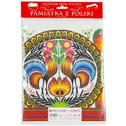 Nice souvenir and packaging from Poland. 100% cotton kitchen towel with a printed rooster floral design. The towel size is approx 12" x 18" which is smaller than usual so it could also be used as a place mat.