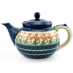 Polish Pottery 40 oz. Teapot. Hand made in Poland and artist initialed.