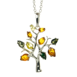 Beautiful sterling silver pendant and adjustable length chain decorated with multi-color amber leaves.