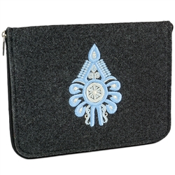 The IPad cover is made of soft dark grey felt. The main decoration is an embroidered Parzenica (Mountaineer symbol).  Lined on the inside and zippered all the way round for easy opening. Inside dimension is approx 9.5" x 7.5".