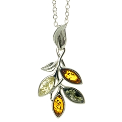 Beautiful sterling silver pendant and adjustable length chain, decorated with multi-color amber leaves.
