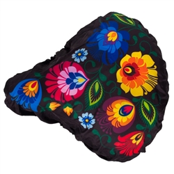 Attractive stretchy bicycle seat cover decorated with a Polish paper cut pattern. Maximum size approx. 10" x 10".  Imported from Poland.
100% polyester.