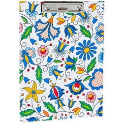 Colorful Kashubian floral design clipboard. Made of cardboard (2mm) and colored laminated veneer. It has a clamping mechanism for holding paper. The sliding opening (pull-up) allows the pad to be hung on the wall. Folk decoration on both sides.