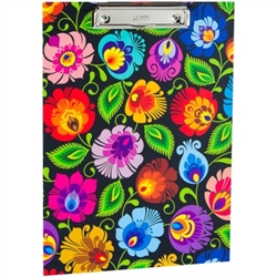 Colorful Wycinanki floral design clipboard. Made of cardboard (2mm) and colored laminated veneer. It has a clamping mechanism for holding paper. The sliding opening (pull-up) allows the pad to be hung on the wall. Folk decoration on both sides.