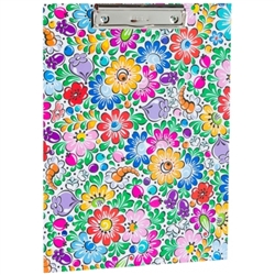 Colorful Opole floral design clipboard. Made of cardboard (2mm) and colored laminated veneer. It has a clamping mechanism for holding paper. The sliding opening (pull-up) allows the pad to be hung on the wall. Folk decoration on both sides.