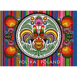 Wycinanki Folklore Print Post Card - Roosters Rule! A beautiful postcard featuring traditional Polish paper cut designs (wycinanki).  Designed By Folk Artist Miroslawa Stefaniak.