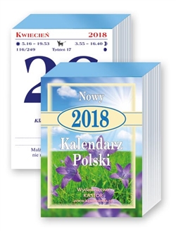 This is a traditional Polish tear off calendar. 736 pages size 3" x 4.25".  Each day list the names of the saints for that day, the time of sunrise and sunset, the day of the year and famous quotes.  On the reserve side are either recipes or interesting