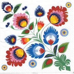 Package of 20 luncheon napkins featuring a beautiful Polish folk pattern. Three ply napkins with water based paints used in the printing process.