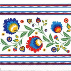 Package of 20 luncheon napkins featuring a beautiful Polish folk pattern. Three ply napkins with water based paints used in the printing process.