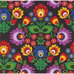 Package of 20 luncheon napkins featuring a beautiful Polish folk pattern. Three ply napkins with water based paints used in the printing process.