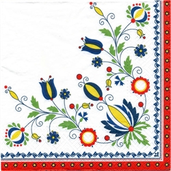 Package of 20 luncheon napkins featuring a beautiful Polish folk pattern. Three ply napkins with water based paints used in the printing process.