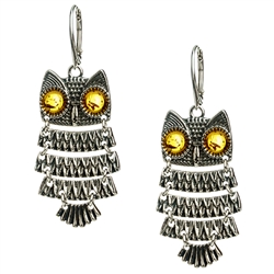 Charming sterling silver owl earrings with honey amber eyes. Moveable body parts.  Size approx 2" long x .75 wide.