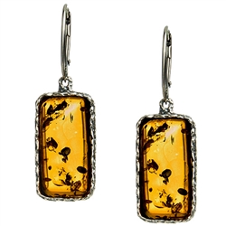 Artistic antique rectangular shaped amber and silver earrings.  Approx 1.5" x .5".