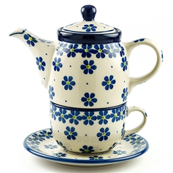 Polish Pottery 16 oz. Personal Teapot Set. Hand made in Poland and artist initialed.