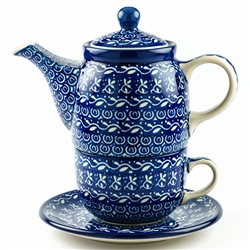 Polish Pottery 16 oz. Personal Teapot Set. Hand made in Poland and artist initialed.