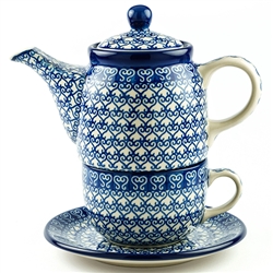 Polish Pottery 16 oz. Personal Teapot Set. Hand made in Poland and artist initialed.