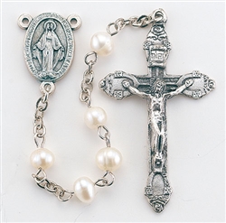 Polish Art Center - 19.5" 5mm Genuine Fresh Water Pearl Bead Rosary with Deluxe Silver Oxidized Crucifix and Center. It comes with a Deluxe Velvet Box