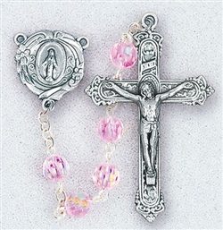 Polish Art Center - 19" 6mm Light Rose Tin Cut Multi-Faceted Crystal Beads with Aurora Borealis  with Deluxe Silver Oxidized Crucifix and Center. It comes with a Deluxe Velvet Box