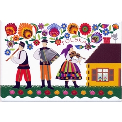 A Polish paper cut scene of a typical folk band from the Lowicz region. This magnet is about the size of a business card, is non-flexible with a strong magnet.