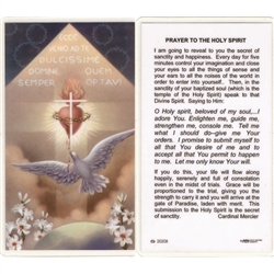 Prayer to the Holy Spirit - Holy Card.  Plastic Coated. Picture is on the front, text is on the back of the card.