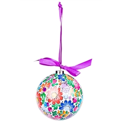 Folk art is the perfect souvenir from Poland. This ornament set is inspired by the flower designs of the Opole region of Silesia in Poland. Lightweight, unbreakable plastic with a decorative Opole floral pattern. Each ornament comes with a purple ribbon