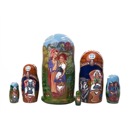 This 6-piece Little Red Riding Hood nesting doll features all the characters from the German fairy tale.  From the red-hooded child to grandma, the wolf, and the huntsman, each appears inside this colorful folk tale as the doll opens, and the story unfold