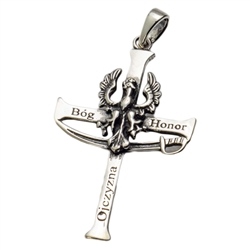Beautiful Polish sterling silver eagle cross and sabre. Features a silver Polish Eagle/Sabre and the patriotic motto "Bog, Honor, Ojczyzny (God, Honor, Country) imprinted on the cross. Size approx 1.5" x 1". Made In Poland