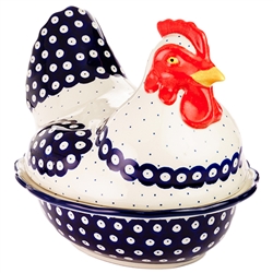 Polish Pottery 9.5" Hen Shaped Covered Baker. Hand made in Poland and artist initialed.