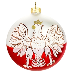 Celebrate your unique heritage with this distinctive ornament depicting Poland's national symbol. Artfully hand painted by skilled glass artisans in Poland, our distinctive 3.5" diameter ornament features a stylized white eagle with golden crown, beak and