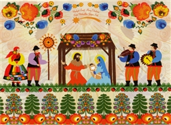 A beautiful glossy Christmas card featuring the Holy Family surrounded by villagers in Polish Lowicz folk custumes below a large wycinanka (paper cut).