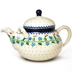 Polish Pottery 2 L Teapot with Two Handles. Hand made in Poland and artist initialed.