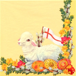 Celebrate the Easter season with these beautiful napkins. These original designs will make any table festive with their beautiful eggs, lilies, Paschal Lamb and resurrection flag.  Three ply napkins with water based paints used in the printing process