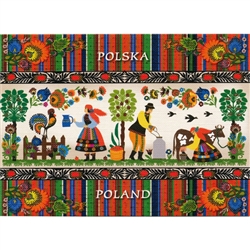 This beautiful note card features a scene from a Polish farm. The scene is framed in colorful paper cut flowers from the Lowicz region of Poland. The mailing envelope features flowers in both the foreground and background. Spectacular!