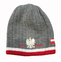 Display your Polish heritage! grey stretch ribbed-knit skull cap, which features Poland's national symbol the crowned eagle. Easy care acrylic fabric. One size fits most. Imported from Poland.