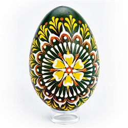 This beautifully designed goose egg is colored using the drop pull method and comes from the Bialystok region of northeast Poland. Eggs are blown and can last for generations. Goose eggs are stronger and larger than chicken eggs which makes them especiall