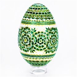 This beautifully designed goose egg is hand painted by master folk artist Krystyna Szkilnik from Opole, Poland. The painting is done in the traditional style from Opole. Signed and dated (2017) by the artist. Eggs are blown and can last for generations.