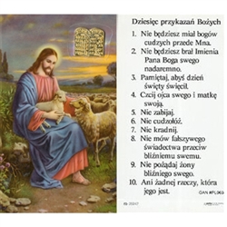 10 Commandments - Polish - Dziesiec przykazan Bozych -  Holy Card Plastic Coated. Picture is on the front, Polish text is on the back of the card. Note: the plastic is slightly 'wrinkled' around the medallion which is not meant to be removed.