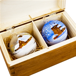 Hand painted glass ornaments featuring Polish country scenes in a deluxe painted wooden box. Hand made so no two ornaments or boxes are exactly the same. Ornaments are approx 2.25" in diameter.