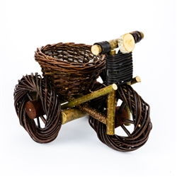 Another clever example of Polish wicker folk art. Beautifully crafted and sturdy of Polish wicker and wood. The seat in this cycle is an open basket the can be filled and used as for display. Size is approx 9 " x 8" x 11.5". Please note that the wheels ar