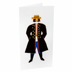 This card is dressed with material to give a very special doll-like 3D effect.  This is a man's folk dress from the Rzeszow region.
Comes with a mailing envelope.
Made In Krakow, Poland